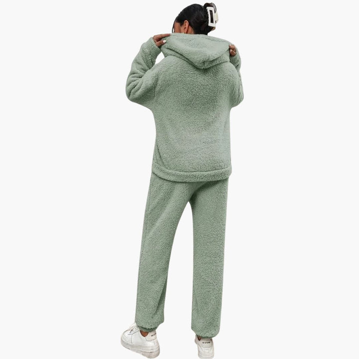 Damen Teddy Hoodie und Hosen Set mit Kängurutasche