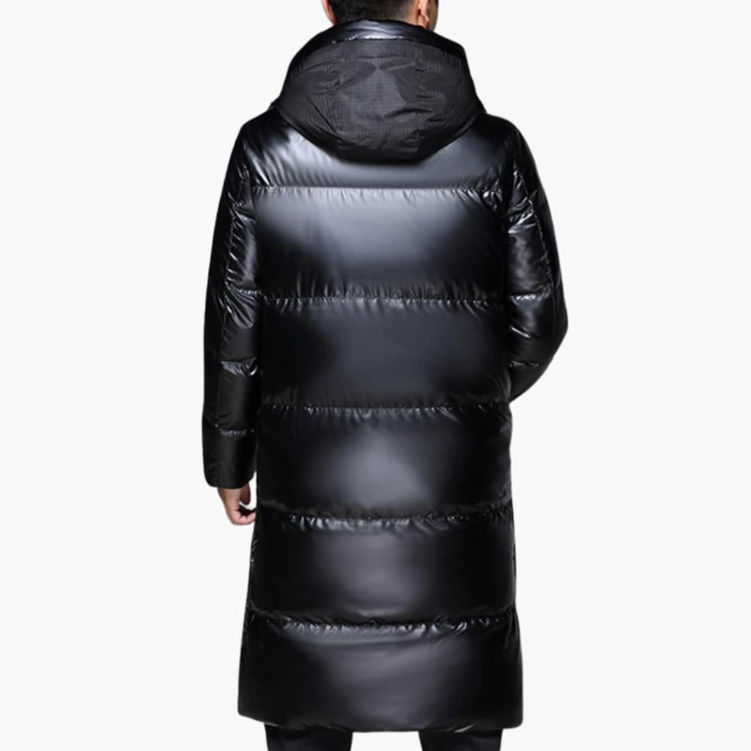 Lange Pufferjacke für Herren mit Kapuze und Reißverschluss
