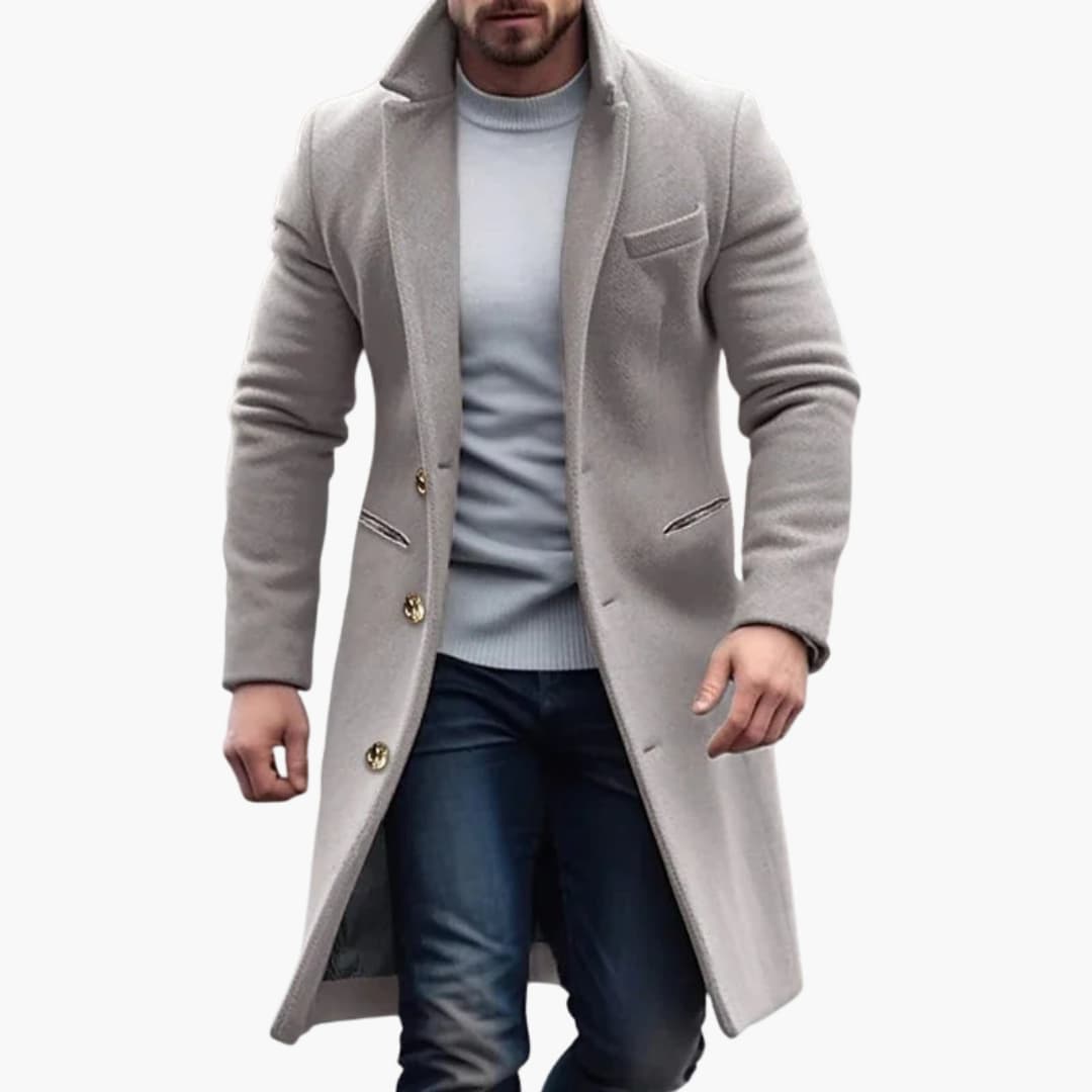 Herren Langmantel mit fallendem Revers und Knopfverschluss
