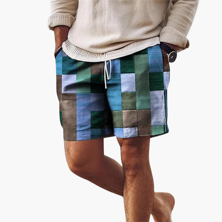 Herren Badeshorts mit elastischem Bund und mehrfarbigem Blockmuster