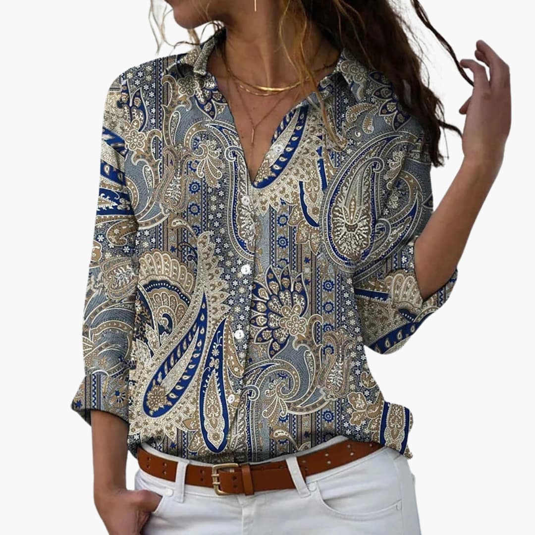 Blumendruck Damen - Bluse mit Knopfleiste und V-Ausschnitt