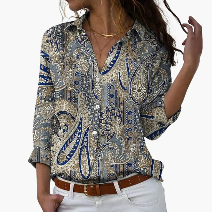 Blumendruck Damen - Bluse mit Knopfleiste und V-Ausschnitt