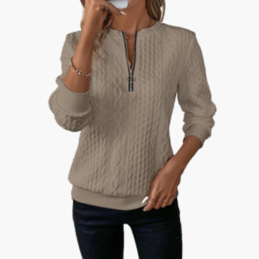 Damen pullover mit Reißverschluss am Ausschnitt und Zopfmuster Oberfläche