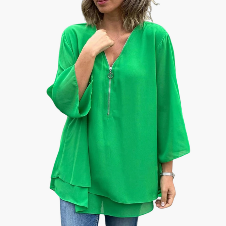 Halb-Zip Langarmshirt - Damen V-Ausschnitt Oberteil Casual