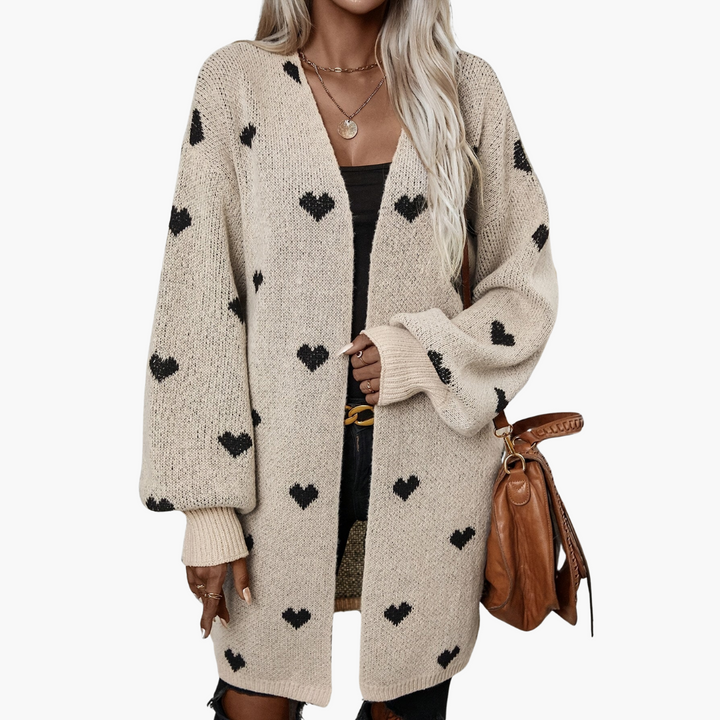 Damen Strickjacke mit offener Vorderseite und Herzmuster
