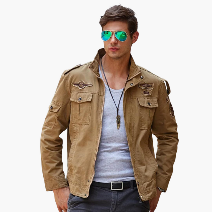 Herren Cargo Militärjacke mit Reißverschluss und Abzeichen Details