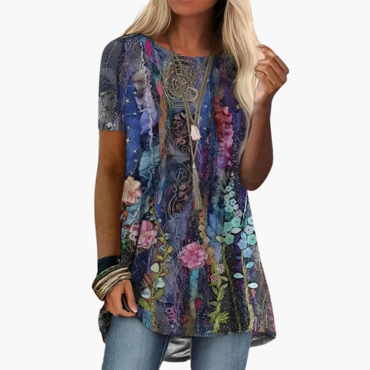 Geblümte Bluse für Damen - Kurzarm, Mehrfarbig, Elegant
