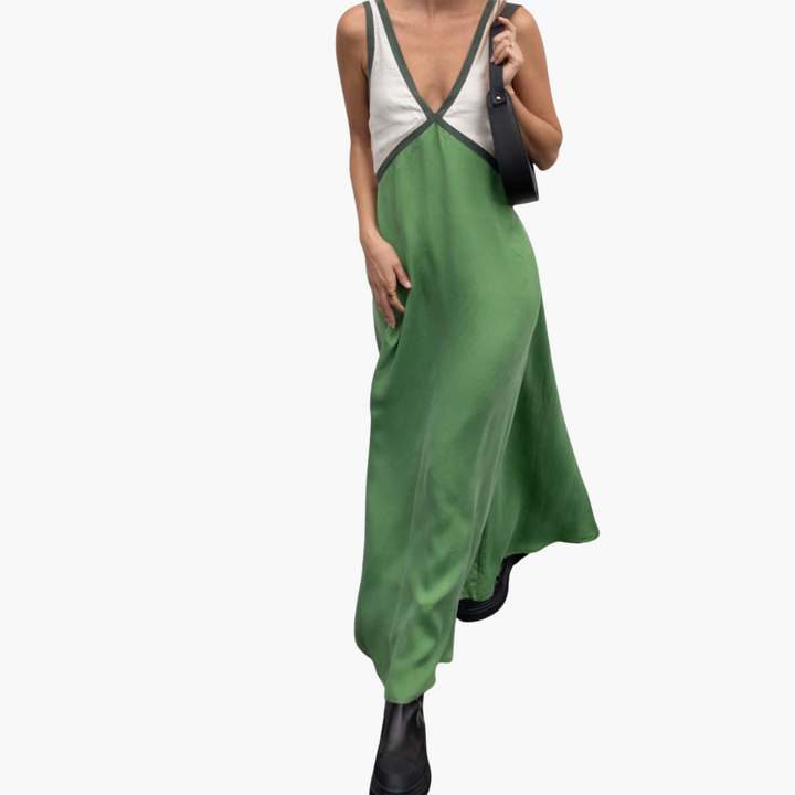 Leichtes V-Ausschnitt Maxi-Kleid für Frauen - Farbblock Design
