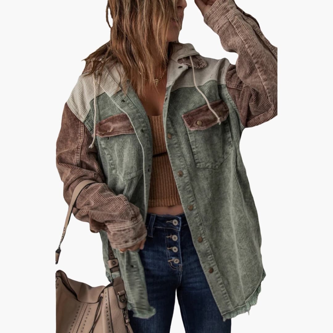 Damen Cord Jacke mit Kapuze und Druckknöpfen