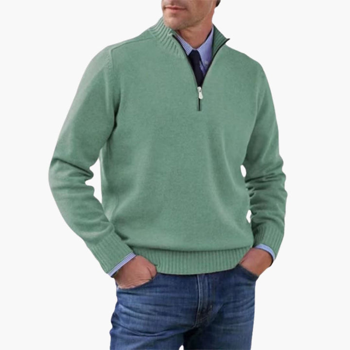 Herren pullover mit halbem Reißverschluss und geripptem Saum