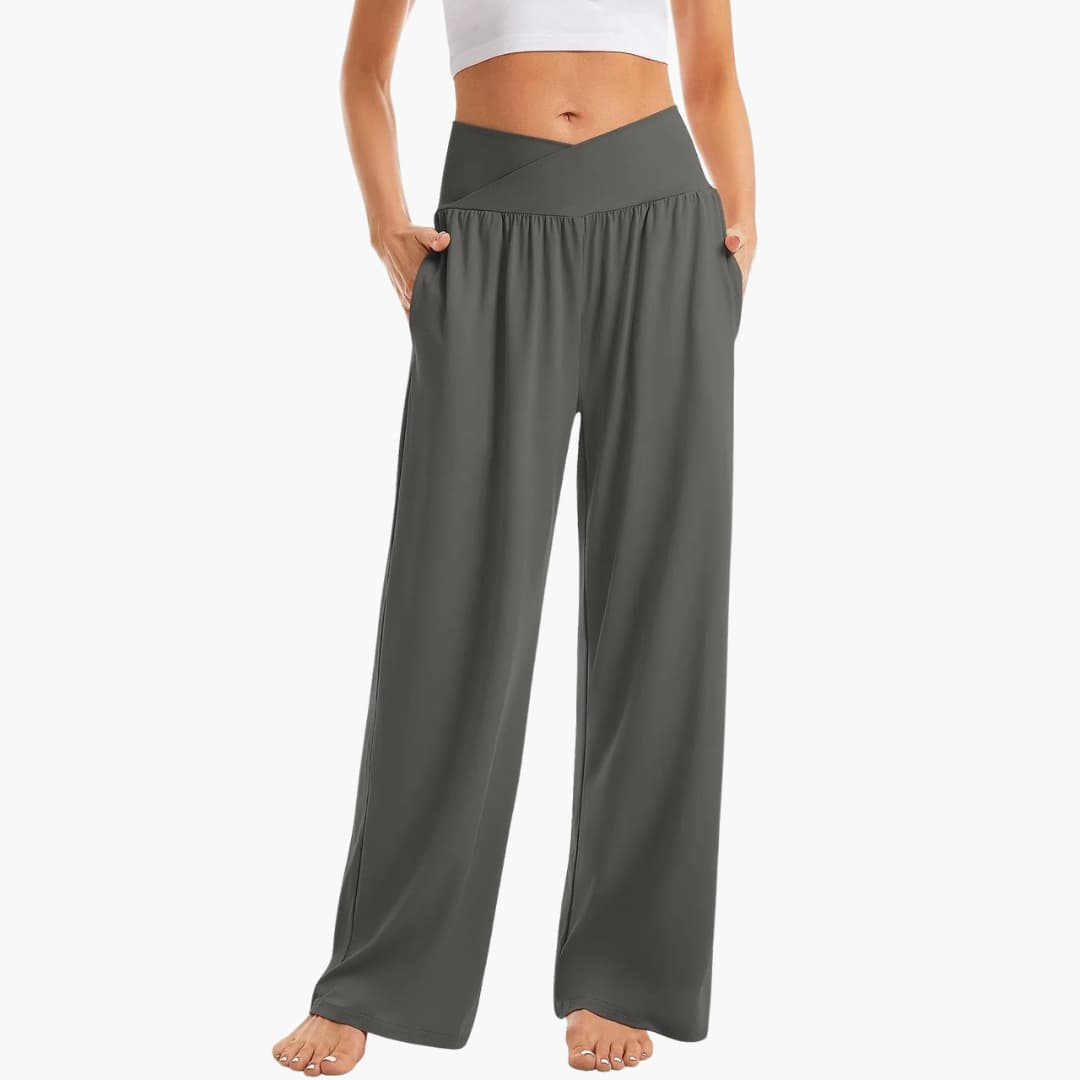 Damenhose mit weitem Bein, überkreuztem Bund und Seitentaschen