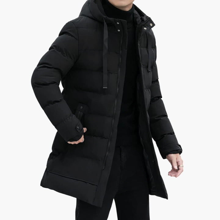 Herren Steppjacke Lang mit Kapuze und Reißverschluss