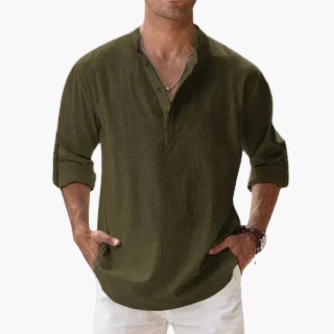 Lässiges Herren Leinenhemd – Langarm, Henley Stil