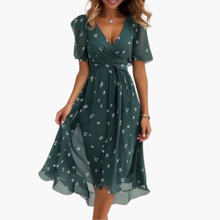 Midikleid für Damen - Elegant, Blumenmuster & V-Ausschnitt
