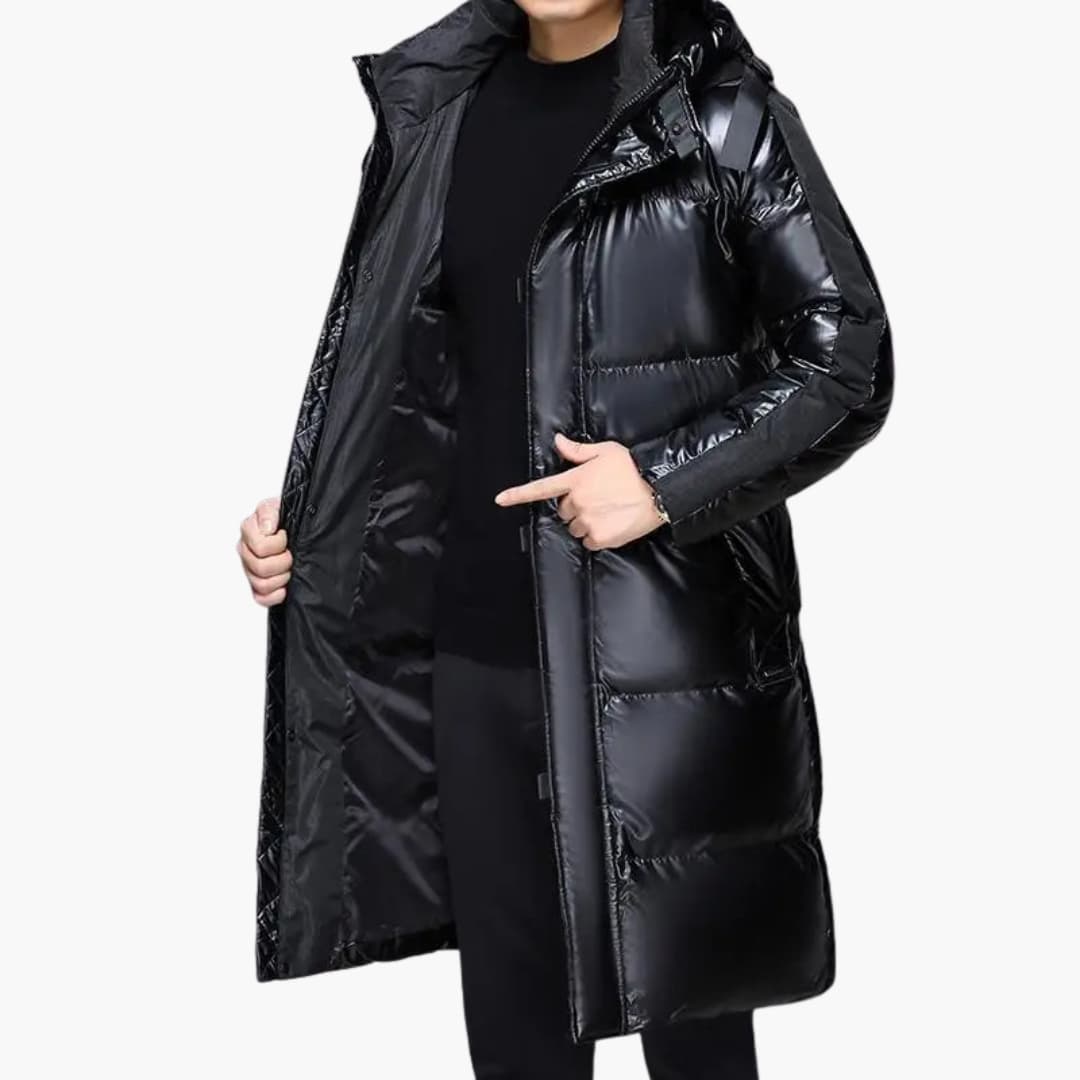 Lange Pufferjacke für Herren mit Kapuze und Reißverschluss