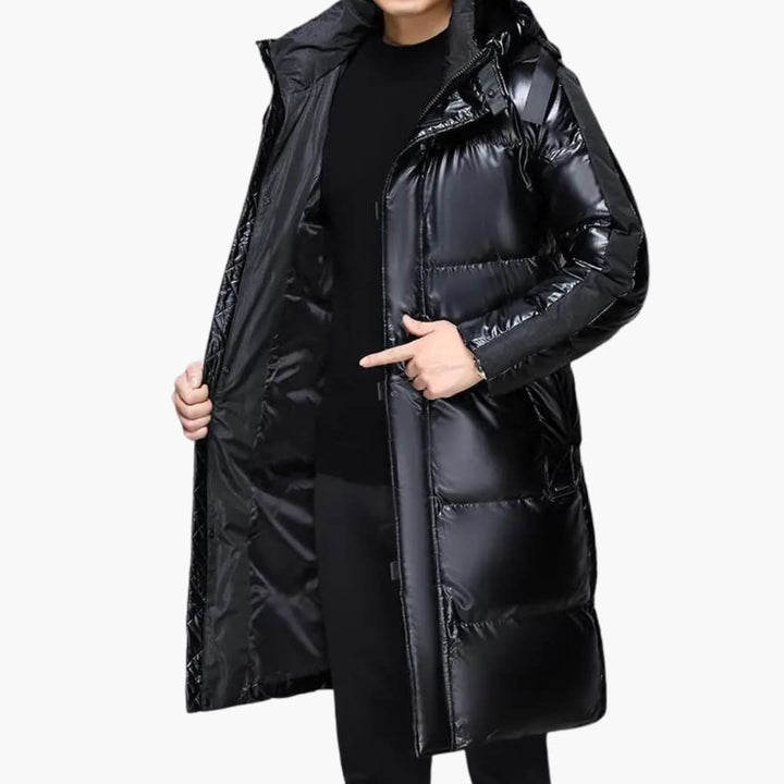 Lange Pufferjacke für Herren mit Kapuze und Reißverschluss