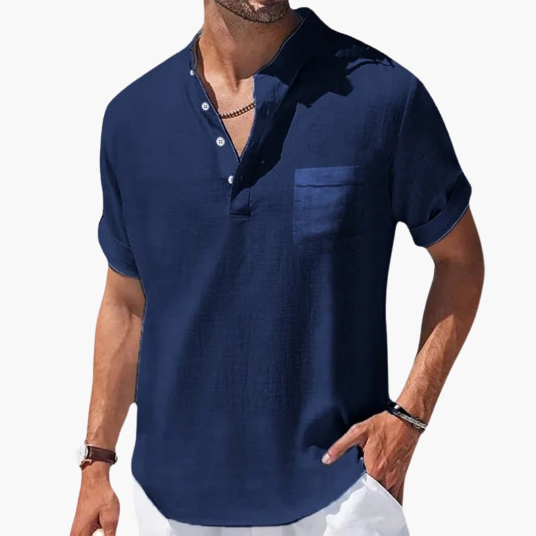 Herren Sommer T-Shirt mit Knopfleiste und Stehkragen
