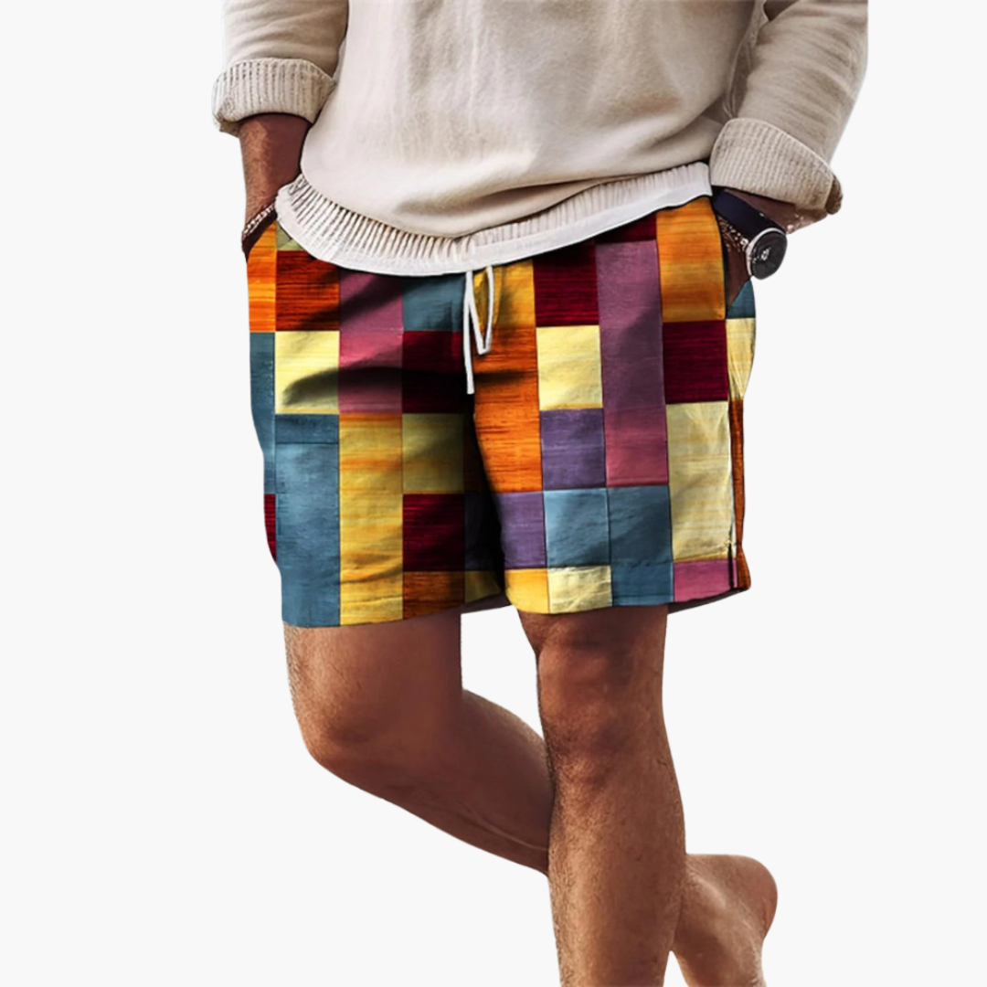Herren Badeshorts mit elastischem Bund und mehrfarbigem Blockmuster