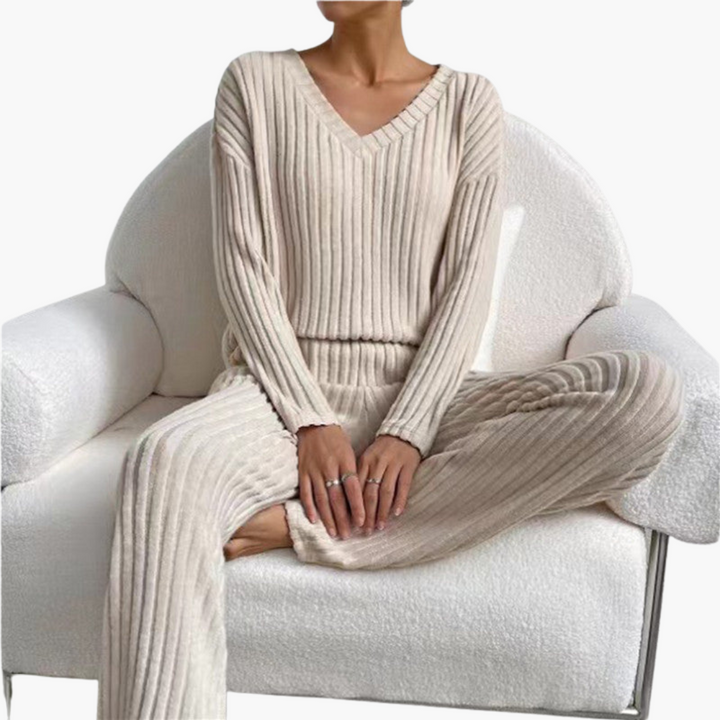 Damen Lounge Set mit V-Ausschnitt und gerippter Oberfläche