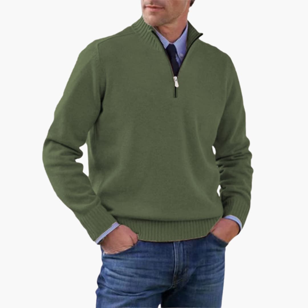 Herren pullover mit halbem Reißverschluss und geripptem Saum