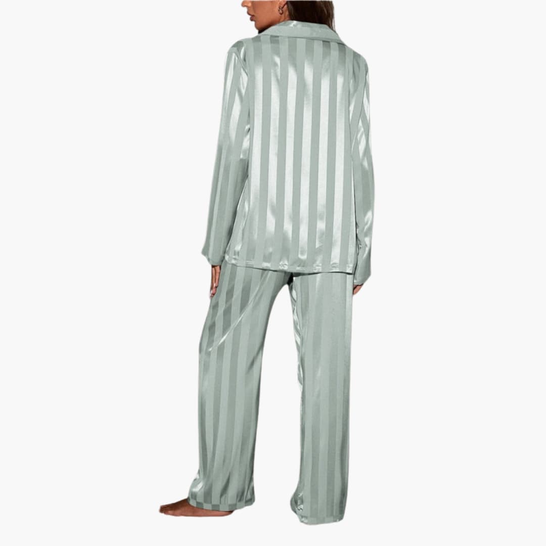 Damen Satin Pyjama Set mit Knopfoberteil und Streifendesign