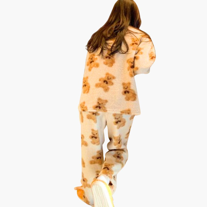 Damen Fleece Pyjamaset mit Bärendruck und elastischem Bund