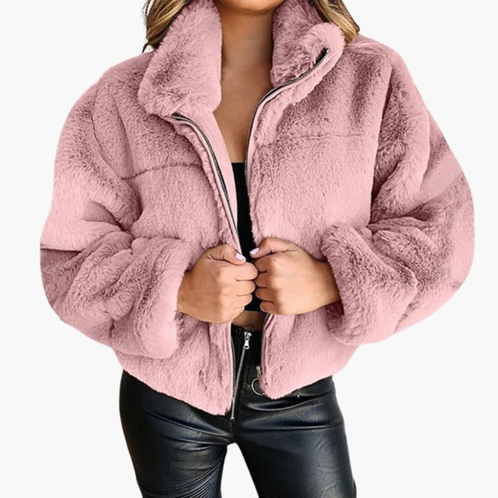 Damen Kunstpelzjacke mit Reißverschluss und Stehkragen