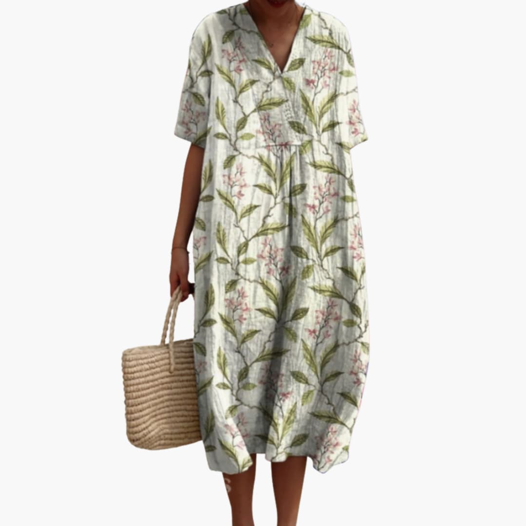 Damen Midikleid mit V-Ausschnitt und kurzen Ärmeln