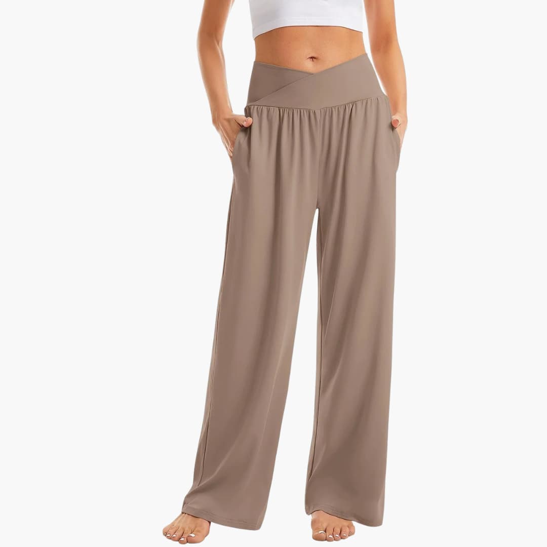 Damenhose mit weitem Bein, überkreuztem Bund und Seitentaschen