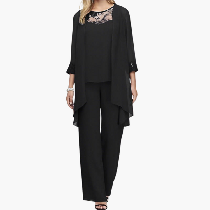 Dreiteiliges Damen-Set mit Spitzentop und offener Jacke