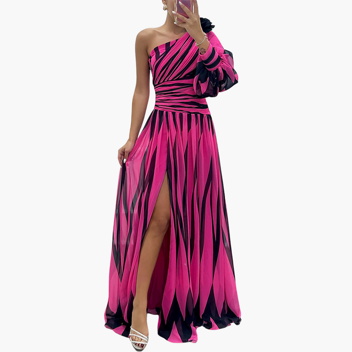 Gestreiftes One-Shoulder - Damen Maxikleid mit Schlitz elegant
