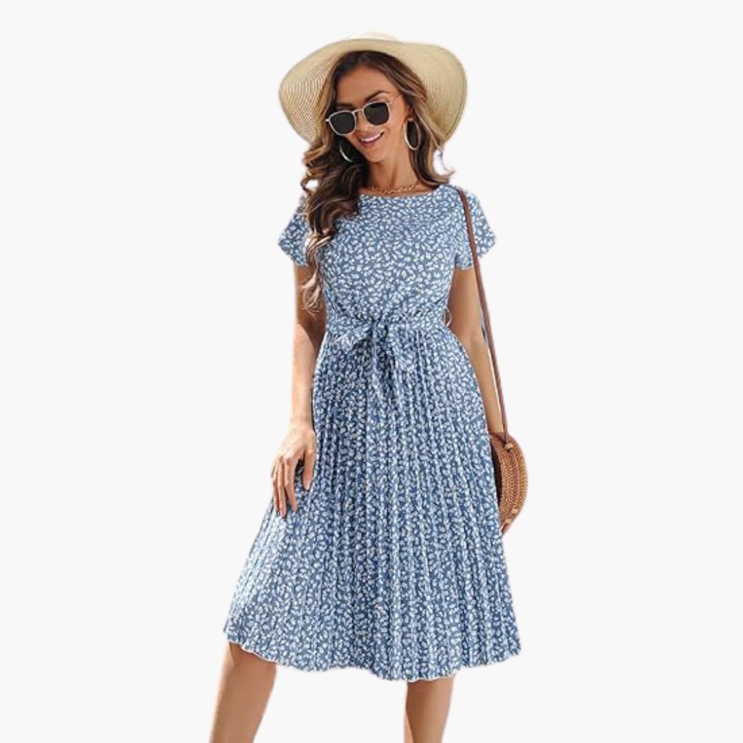Sommerkleid Damen - Blumenkleid mit Gürtel und Kurzarm
