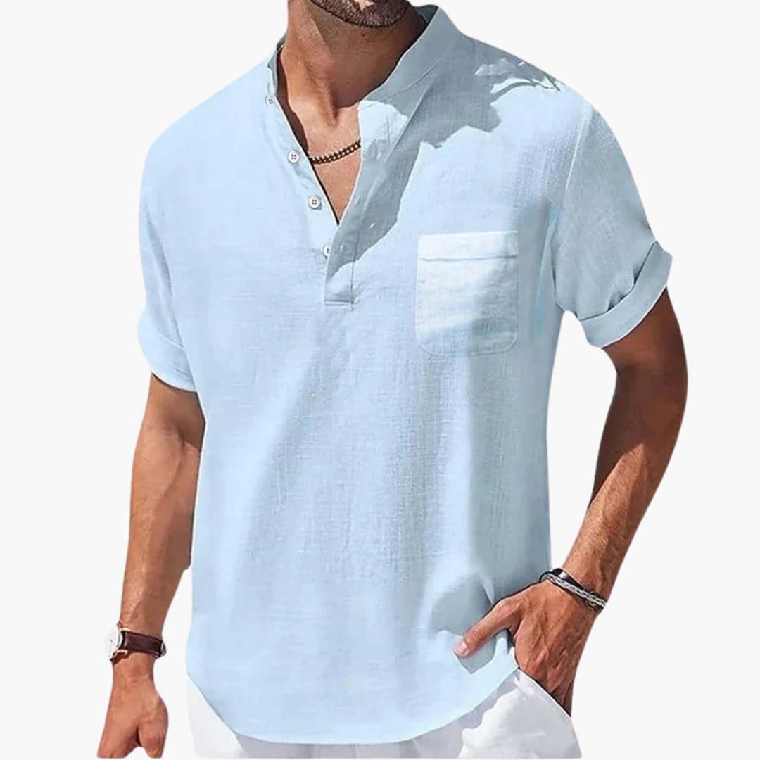 Herren Sommer T-Shirt mit Knopfleiste und Stehkragen
