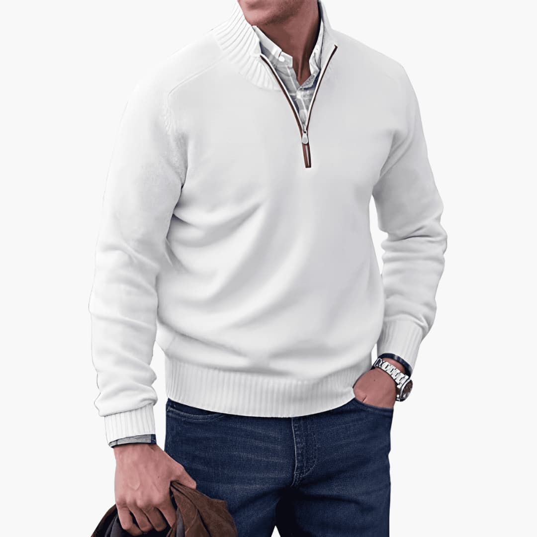 Herren pullover mit Reißverschluss-Ausschnitt und geripptem Saum