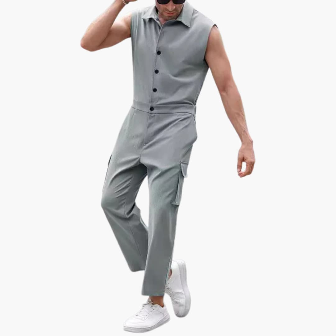 Ärmelloser Jumpsuit für Männer mit Cargotaschen und Knopfleiste