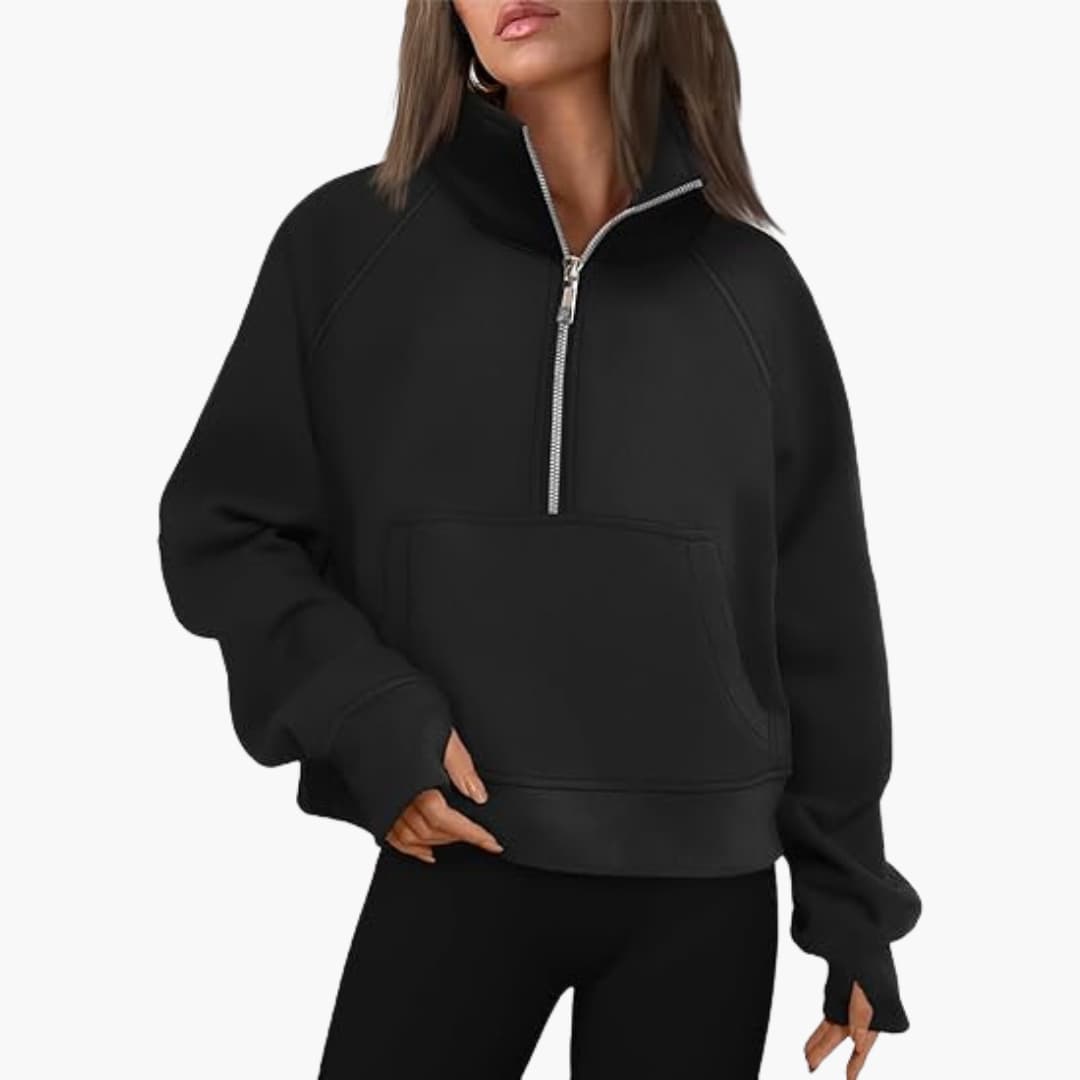 Damen Sweatshirt mit Reißverschluss am Ausschnitt und Kängurutasche