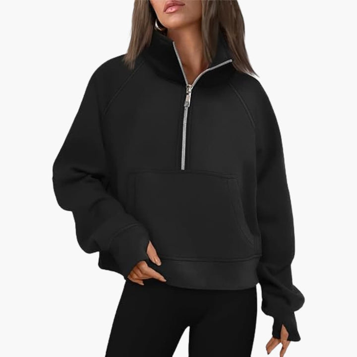 Damen Sweatshirt mit Reißverschluss am Ausschnitt und Kängurutasche