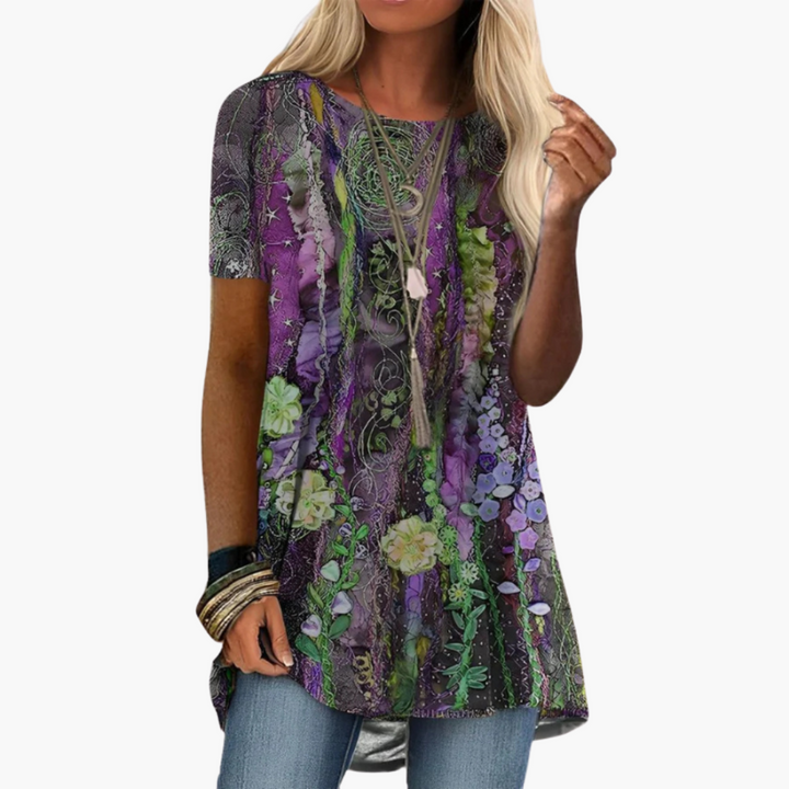 Geblümte Bluse für Damen - Kurzarm, Mehrfarbig, Elegant