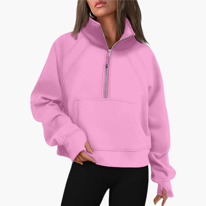 Frauen Zip-Front Pullover mit hohem Kragen und Kängurutasche