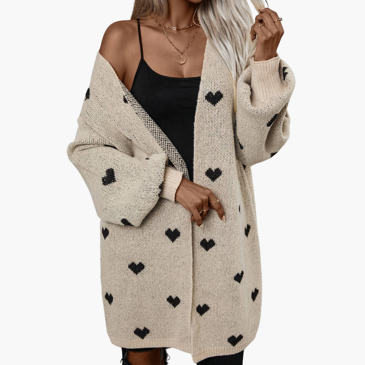 Damen Strickjacke mit offener Vorderseite und Herzmuster