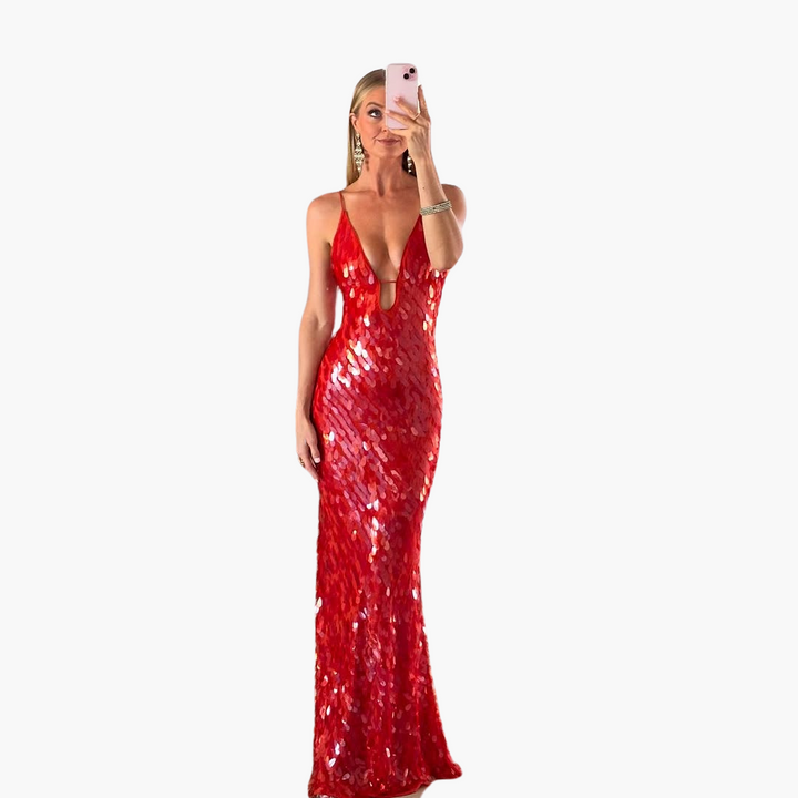 Pailletten Abendkleid für Damen - Maxi mit V-Ausschnitt