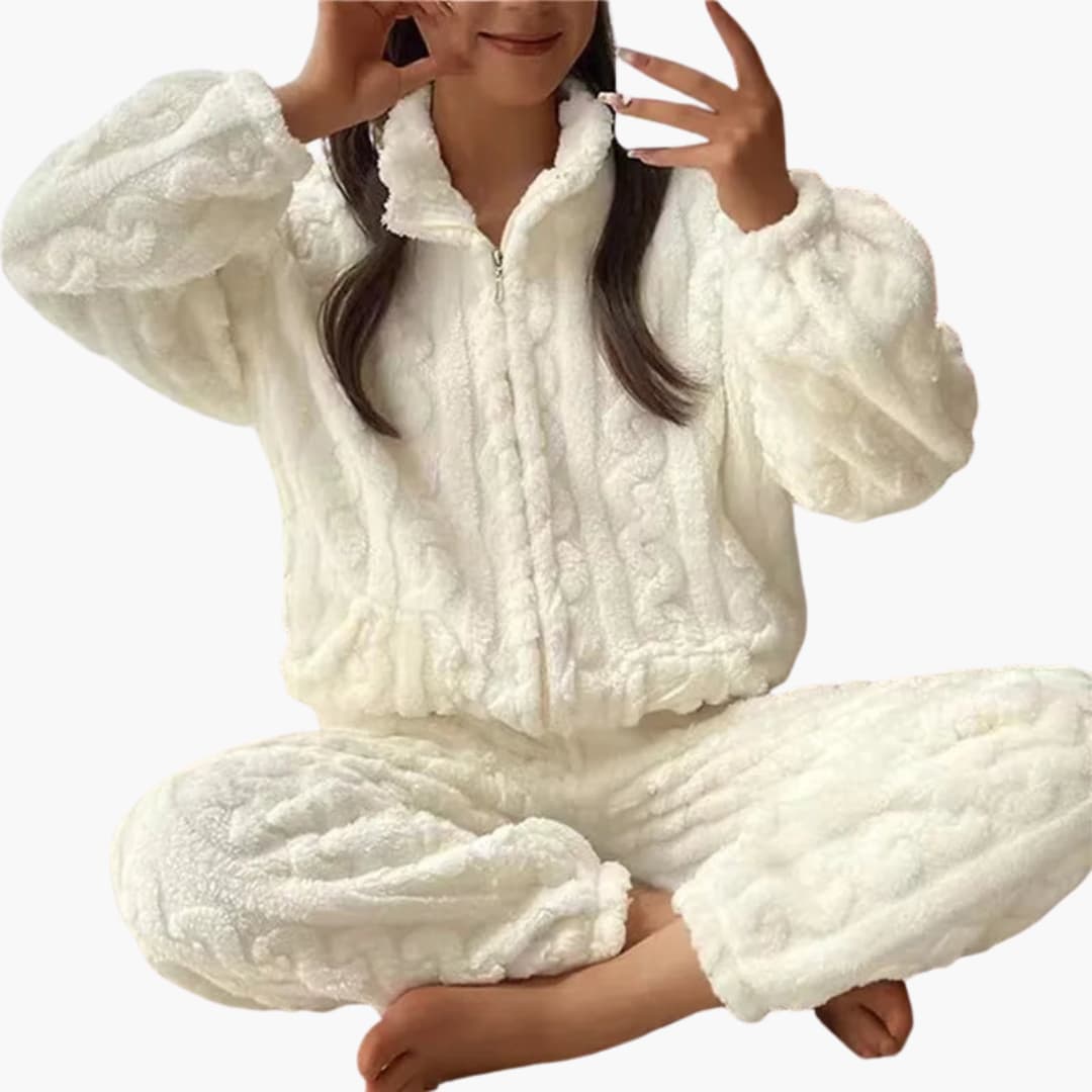 Damen Fleece Pyjamaset mit Reißverschluss Top und langer Hose