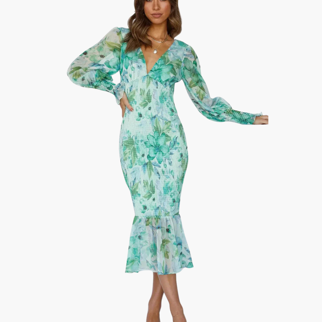 Blumen Midi Kleid mit Puffärmeln - elegantes Damen Sommerkleid