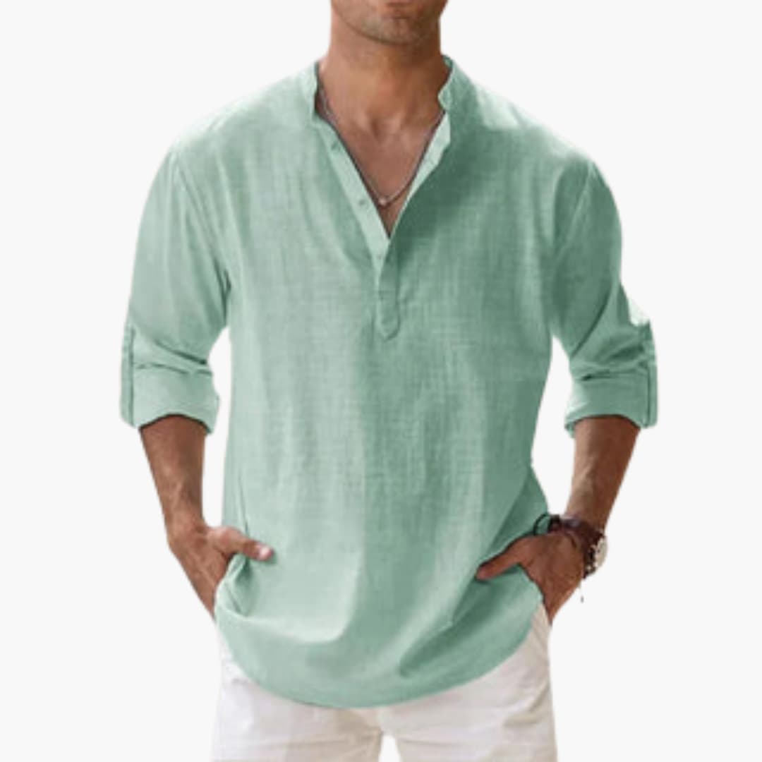 Lässiges Herren Leinenhemd – Langarm, Henley Stil