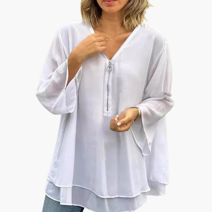 Halb-Zip Langarmshirt - Damen V-Ausschnitt Oberteil Casual