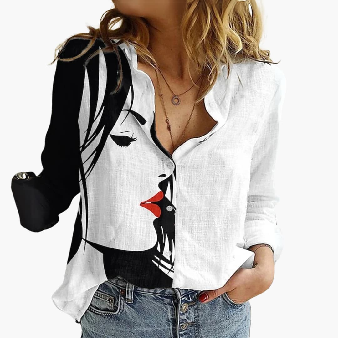 Kunstvoll bedruckte V-Ausschnitt Bluse - Damen Freizeitlook