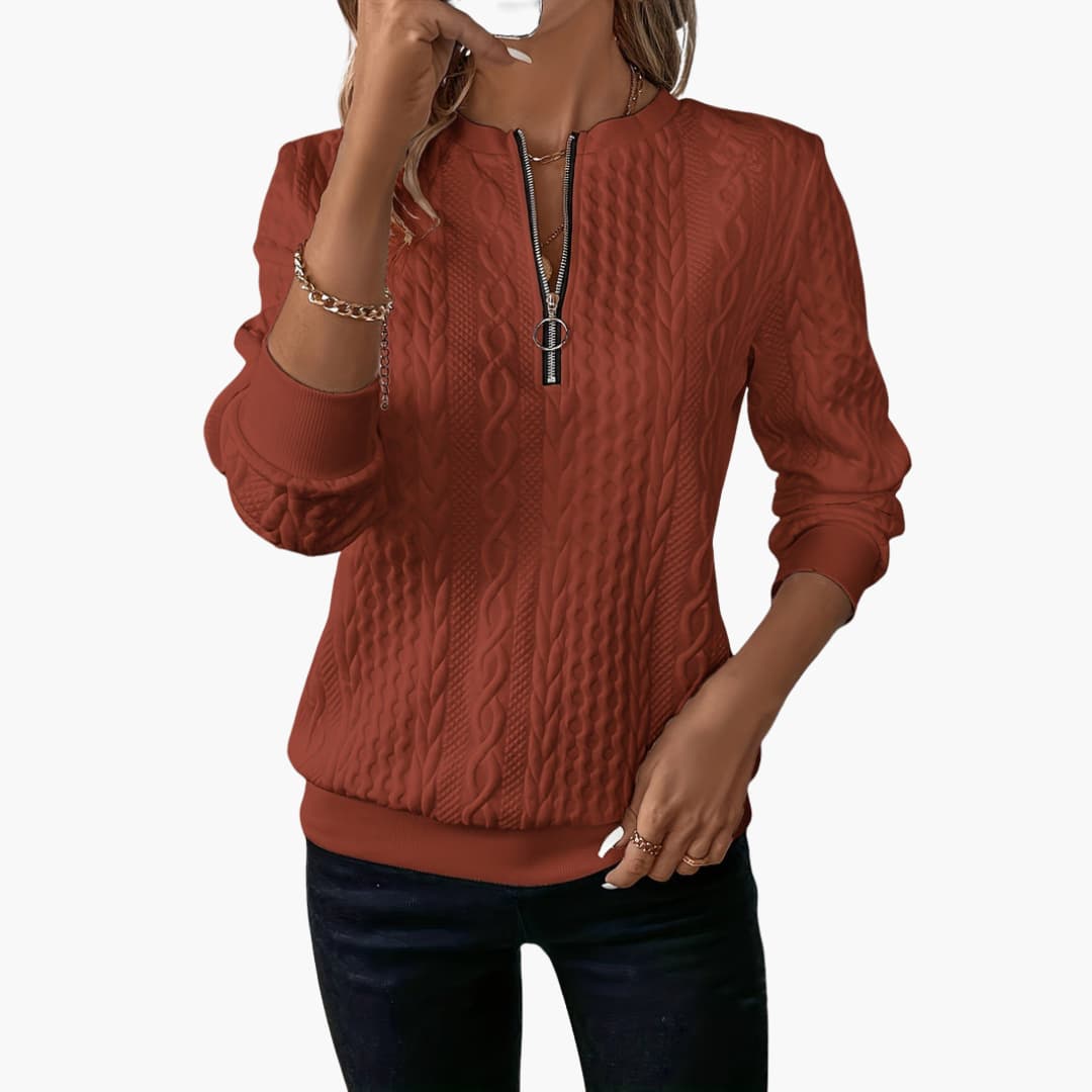 Damen pullover mit Reißverschluss am Ausschnitt und Zopfmuster Oberfläche
