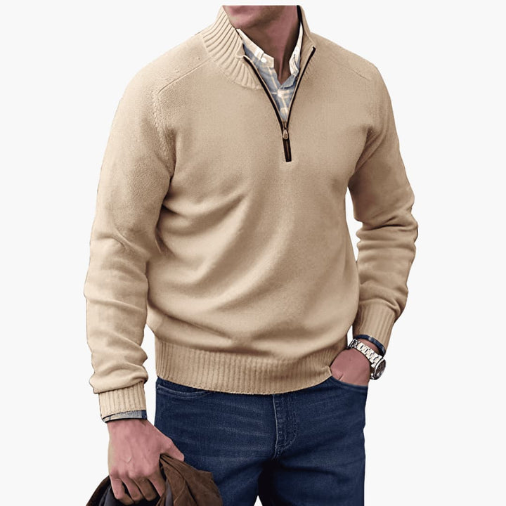 Herren pullover mit Reißverschluss-Ausschnitt und geripptem Saum