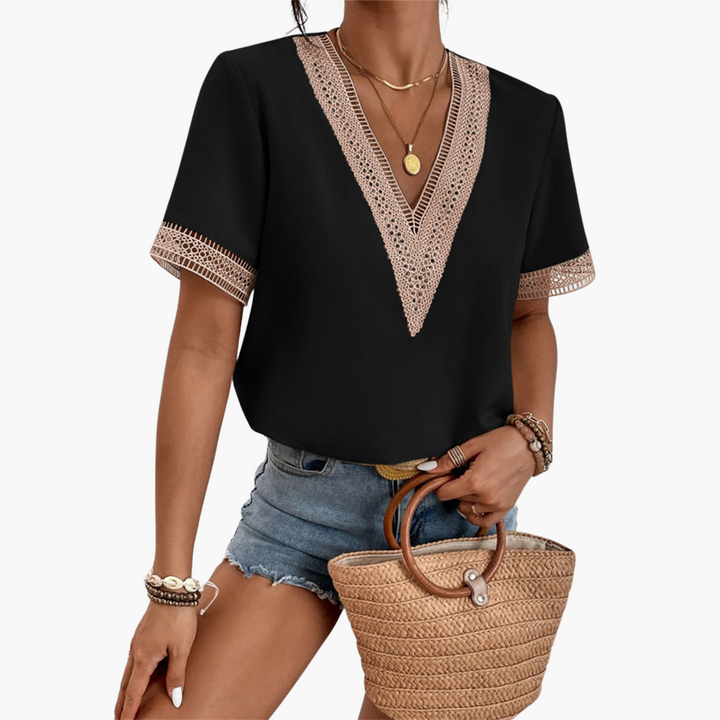 Spitzenbluse Damen – Sommerliche V-Ausschnitt Bluse mit Spitze