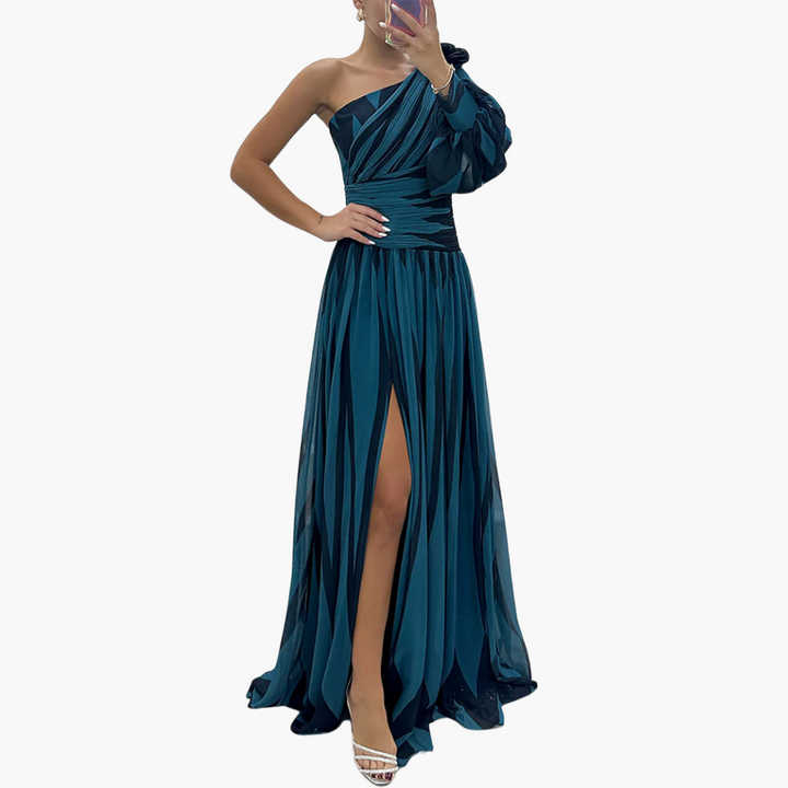 Gestreiftes One-Shoulder - Damen Maxikleid mit Schlitz elegant